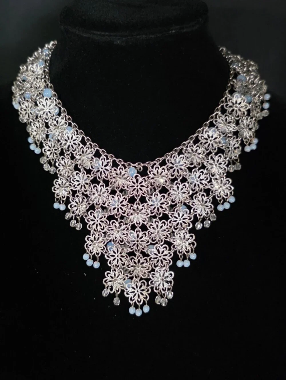 Vintage 1950s 1960s Floral Bib Necklace Opaline Glass Crystal Statement Collar